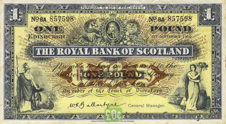 Withdrawn Royal Bank Of Scotland Banknotes Exchange Yours Now Page   The Royal Bank Of Scotland 1 Pound Banknote 1955 1967 Series Obverse 768x422 