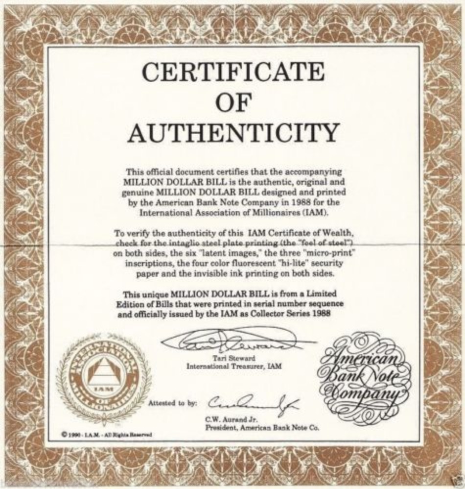 Certificate Of Authenticity One Million Dollars 