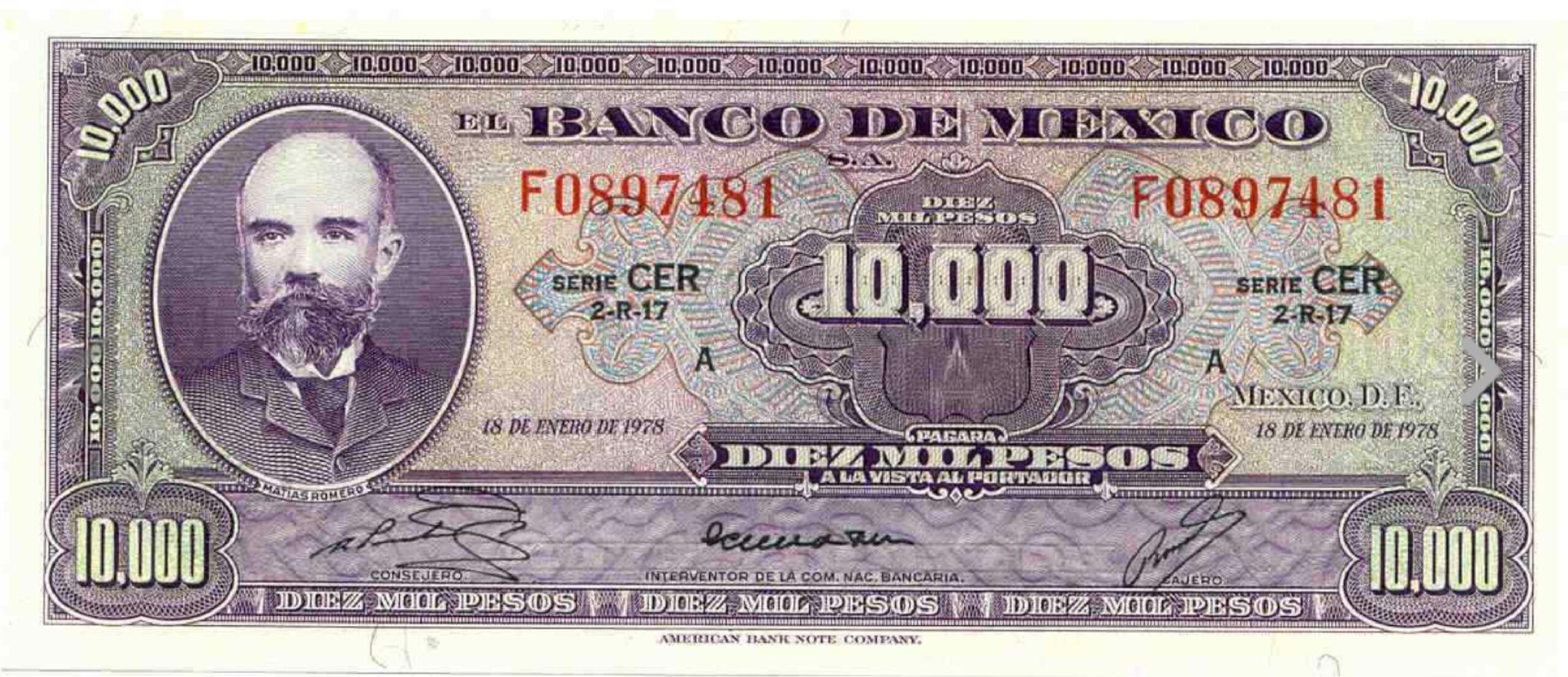 10 000 Old Mexican Pesos Banknote Mat as Romero Exchange For Cash